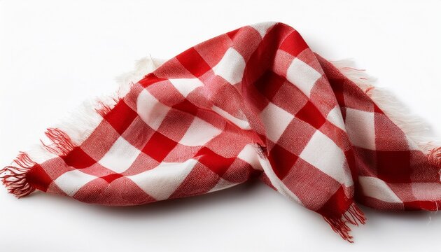 a red and white checkered cloth with frayed edges isolated on white