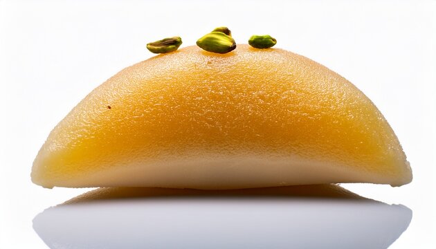 a single sandesh decorative bengali milk sweet with pistachio garnish isolated