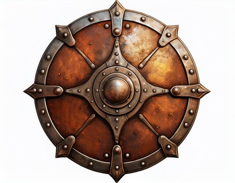 ancient medieval rusty metal shield with rivets isolated on white background
