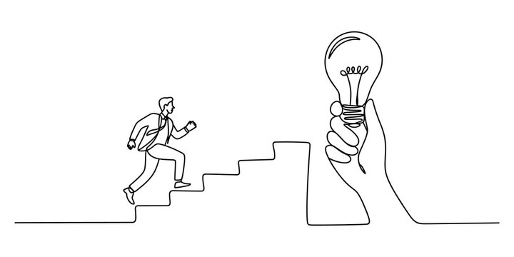 Continuous line drawing Businessman running up stairs toward a hand holding a light bulb idea