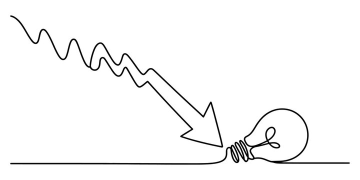 Continuous one line drawing of a light bulb with a downward graph arrow