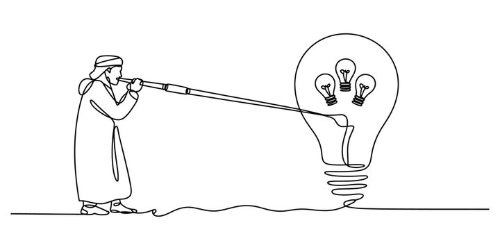 Continuous line drawing Arab man looking through a telescope at a big light bulb with creative ideas
