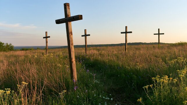 Four wooden crosses in a meadow during the day