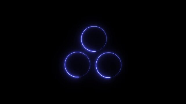 Flicker neon vedio glowing blue circles in a triangle cluster against dark background three interconnected circular shapes emitting a bright glow arranged in triangular