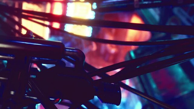 Colorful lights dance amidst tangled wires in a bustling tech environment. The scene captures a blend of energy and complexity, highlighting the essence of innovation and connectivity.