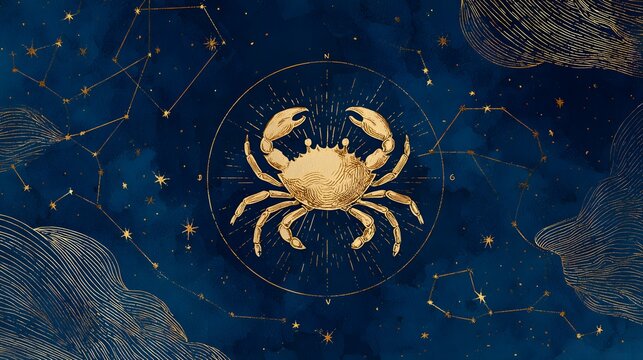 Golden Cancer zodiac sign illustration featuring an intricate line art crab emblem on a deep navy blue background with constellations and stars.