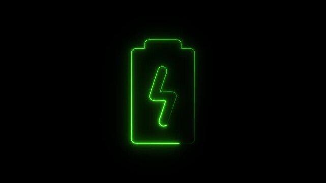 Flicker neon vedio green battery charging icon on black background a glowing showing a isolated against solid energy power electric indicator status