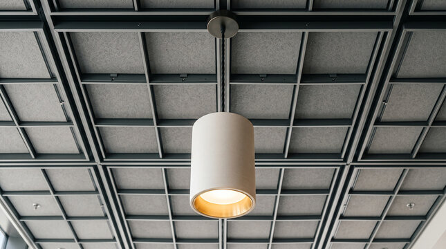 Modern cylinder pendant lamp hanging from a black metal grid ceiling in an industrial interior space