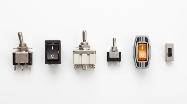 Set Of Various Electronic Toggle Switches And Buttons Isolated On White Background