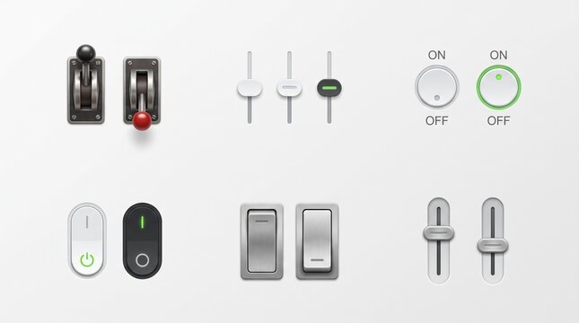 Set Of Modern Electronic Switches And UI Control Buttons Isolated On White Background