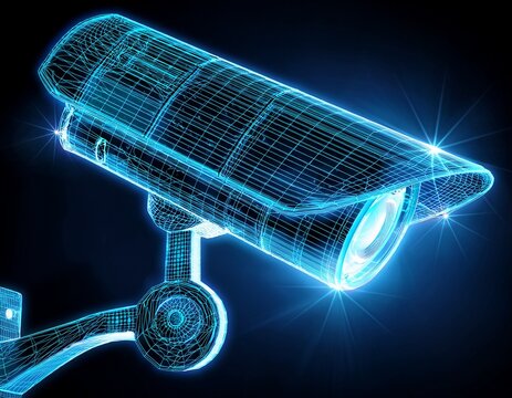 futuristic surveillance camera depicted as a glowing blue digital wireframe mesh