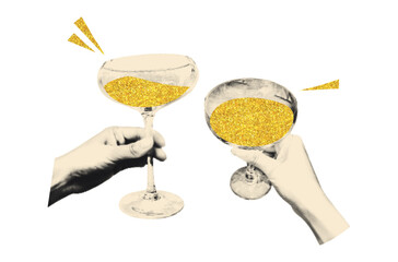 Fototapeta na wymiar Hands holding coupe glasses filled with sparkling gold glitter drink. Vintage cut out sticker, retro halftone style illustration. Holiday cheers vector collage element on transparent background as png