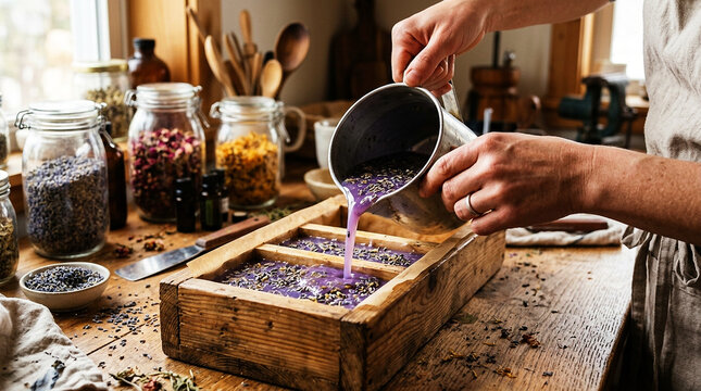 Hands Pouring Lavender Essential Oil Liquid Soap Into Wooden Mold in a Rustic Workshop