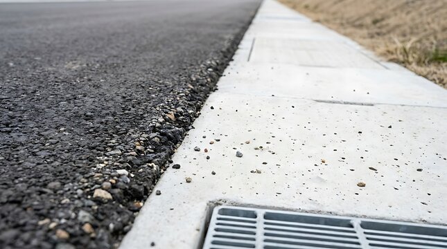 Close up view of fresh asphault paving next to a concrete curb and drainage grate along a new road
