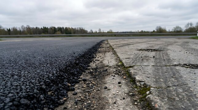 Fresh asphault layer meeting old concrete pavement on a road construction site during highway resurfacing work