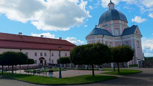 Li&scaron;kiava Church of the Holy Trinity in Lithuania, a historic Baroque church and Dominican monastery complex overlooking the scenic Nemunas River landscape. 4K footage