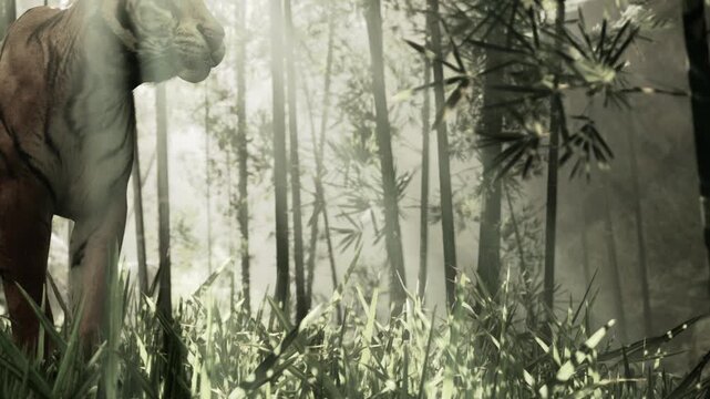 In a tranquil bamboo forest, a powerful tiger stands among lush greenery, illuminated by soft sunlight filtering through the trees. The atmosphere feels both enchanting and wild.