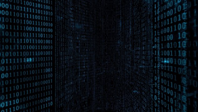 Dark digital binary code silhouette with glowing neon grid
