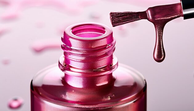 pink nail polish bottle with dripping brush closeup