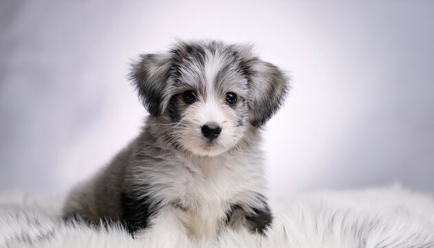 playful bobtail puppy with gray and white fur sitting on soft fluffy surface against a soft white background with blurred edges