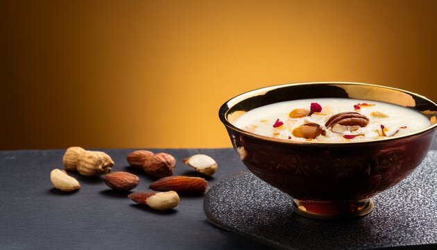 premium food ad of kheer in elegant ceramic bowl