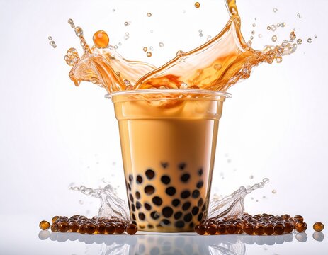 refreshing bubble tea splash isolated on a white background capturing the dynamic dance of tapioca pearls and vibrant liquid swirls
