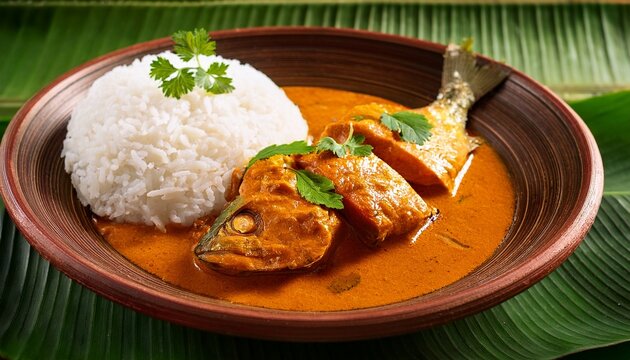 rich fish curry in earthenware with fluffy rice on banana leaf