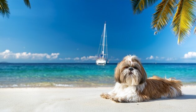 shih tzu dog lying on the beach with palm trees and sailboat in the background coastal scene with sunny weather and white sand
