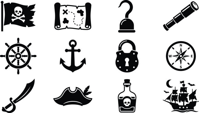 Pirate themed vector graphic icon set featuring nautical elements like treasure maps swords hooks and ships for creative design projects