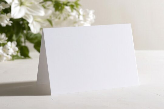 Blank white card folded in half with white flowers in soft focus