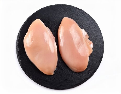 two raw chicken breasts on a round black slate plate view