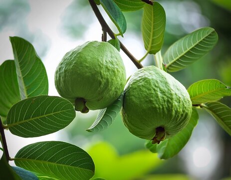 two green guavas hanging from a tree branch among broad green leaves