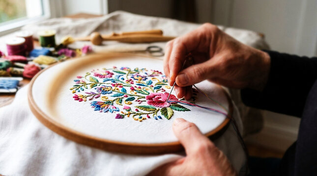 Close-up of hands embroidering a vibrant floral design on white fabric with colorful threads in a wooden hoop