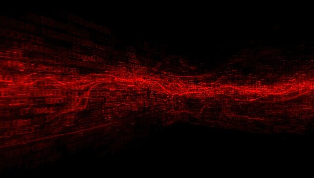 Menacing torrent of vibrant red binary code flowing in darkness