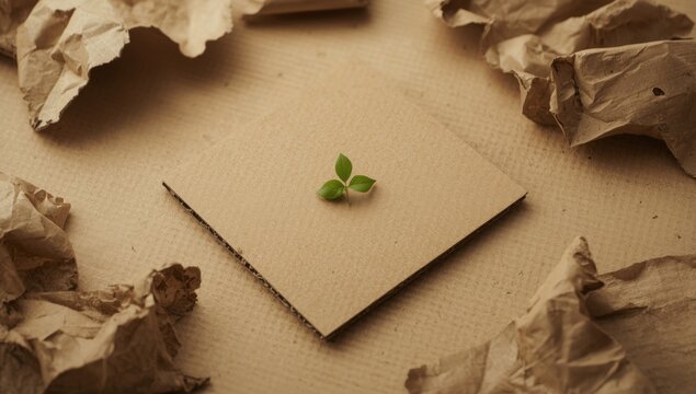 Minimalist white surface with single green leaf and scattered brown shells