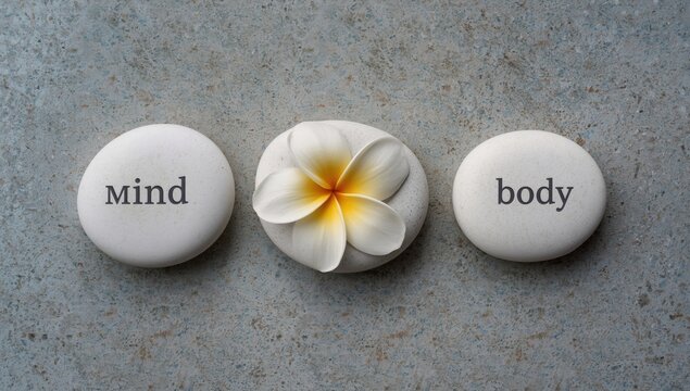 Minimalist white spheres labeled mind body and a glowing golden sphere in center
