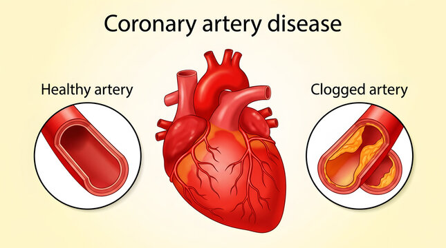 Coronary artery disease illustration showing healthy and blocked arteries