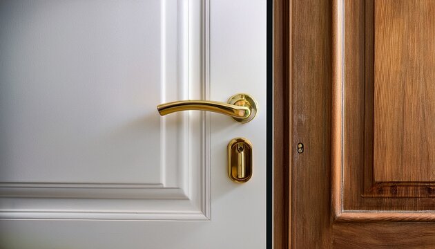 white wood panel door open with brass gold handle metal doors knob lock keyhole doorknob and latch of brass wooden veneer door half opening living room interior view modern trends of home design