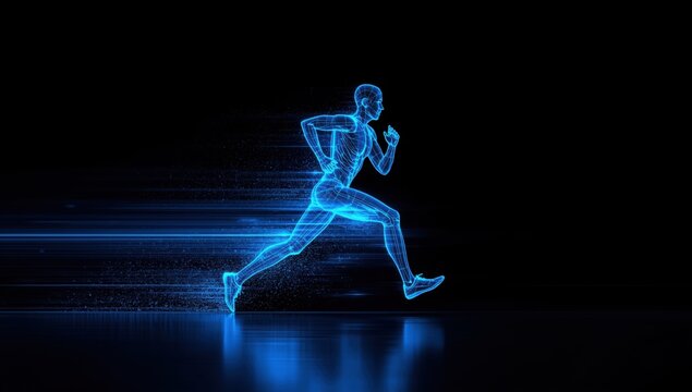 Neon blue stylized human figure floating in dark space