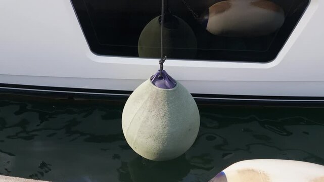 Close-up of a boat fender hanging beside a yacht porthole, another fender reflected in the window, Golfe-Juan, France