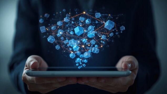 Person holding a tablet displaying a blue holographic network of nodes