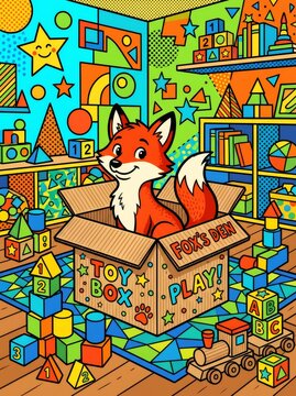 Cartoon fox playing in toy box with educational toys