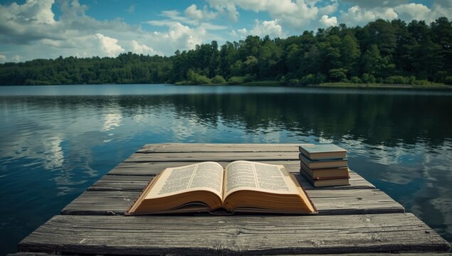 Serene lake with wooden dock and weathered boat in lush green forest