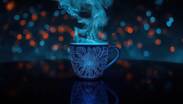 Surreal blue glowing brain with neural network patterns and floating particles