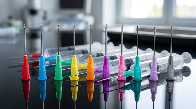 Row of colorful medical syringes standing on a reflective surface in a clinical laboratory setting