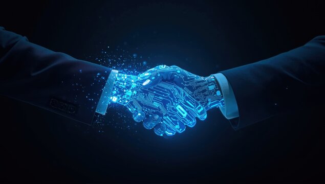 Surreal blue glowing handshake in dark space with light trails