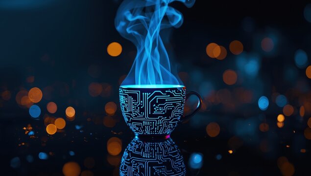 Surreal blue glowing steampunk hourglass with floating orbs and cosmic background