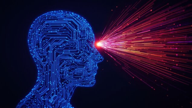 Surreal blue glowing human head profile with red energy stream