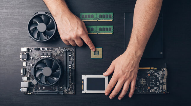 Computer central processing unit motherboard ram memory storage hand repair focused professional technician assembling hardware device