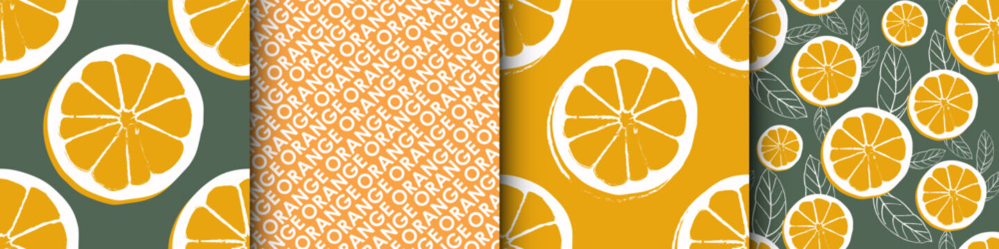 Orange fruit seamless pattern set vector hand drawn citrus slice texture background.